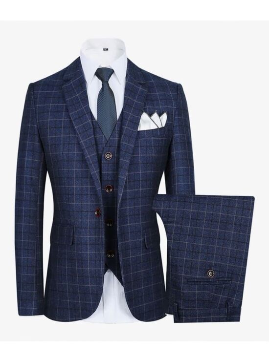 Other - Men’s/Teens Navy Plaid Tweed Three-Piece Tuxedo Suit
